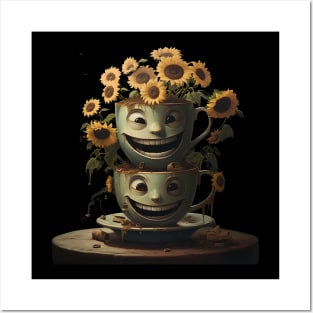 Happy Smiling Faces On a Cup With Coffee And Sunflowers Coffee Barista Posters and Art